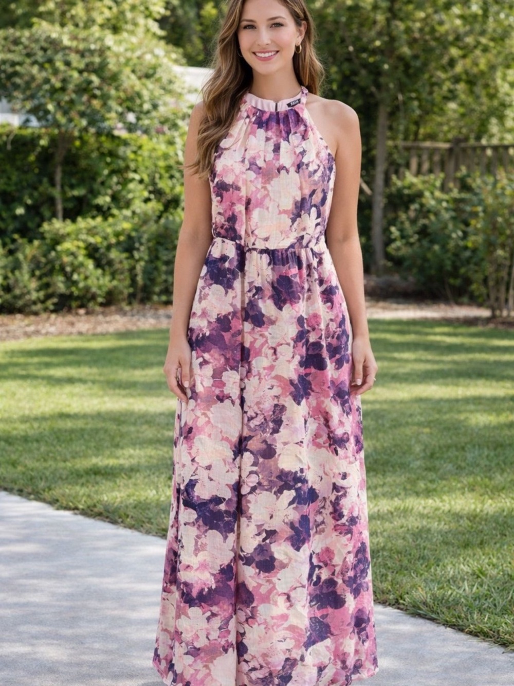 SLNY Pink and Purple Floral Halter Maxi Dress